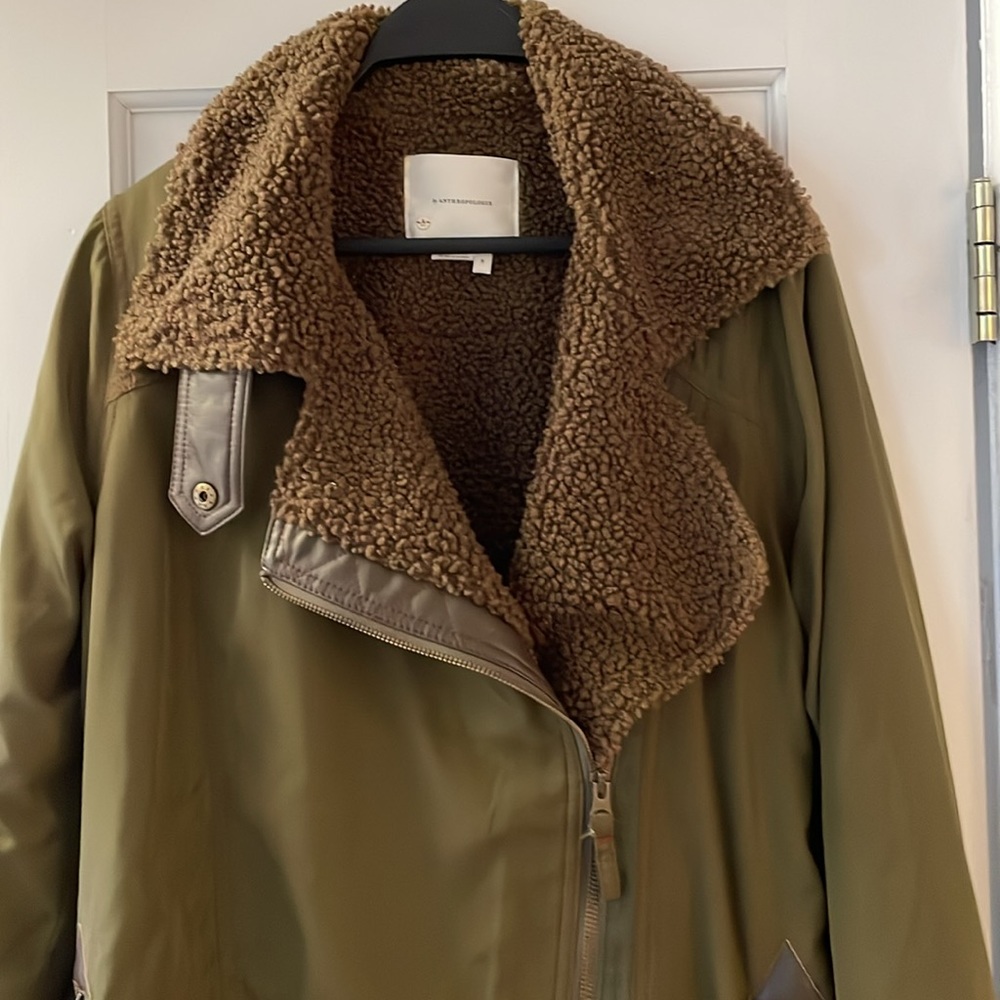 Anthro coat, size small, green satin-y, Teddy fur inside. Super soft